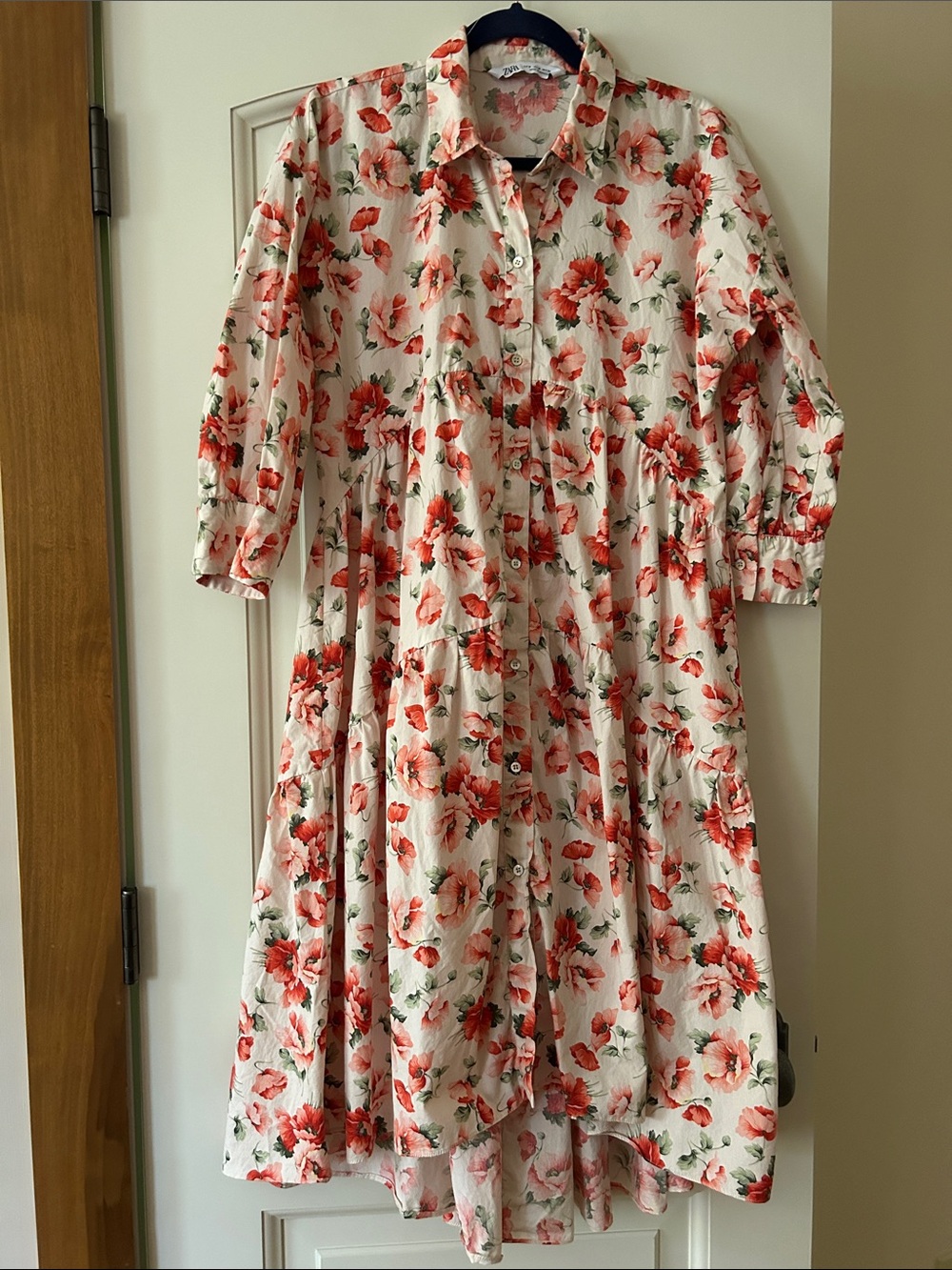 Zara Cream Button-Front Dress with Red Floral Print